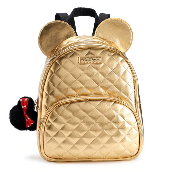 Disney Minnie Mouse 3-D Quilted Gold Mini Backpack & Pom-Pom Charm & Keychain - Picture 4 of 8